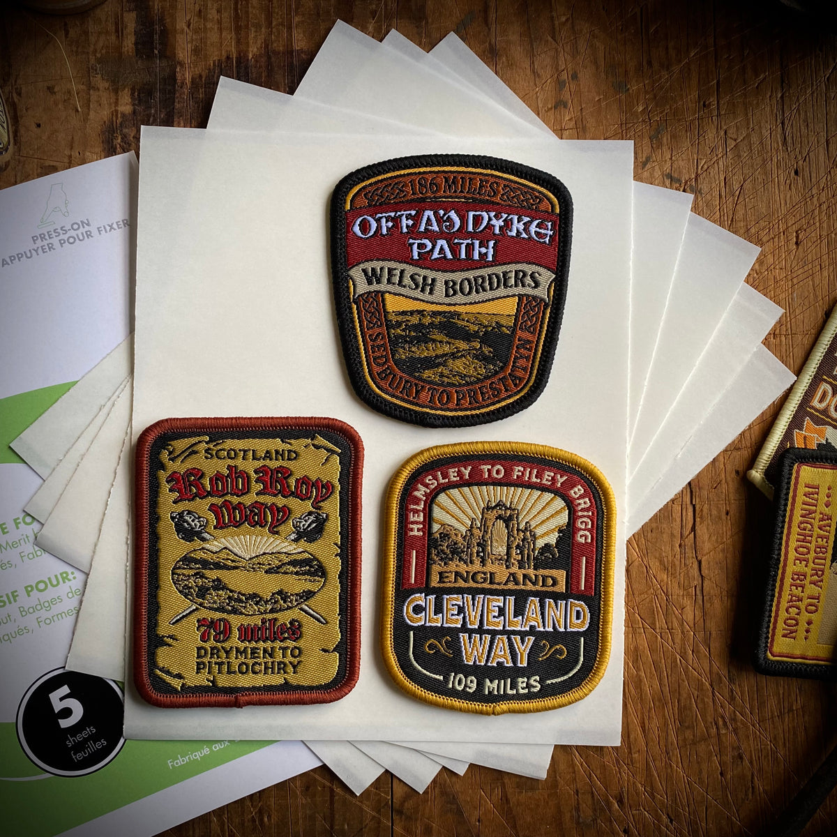 Patch adhesive sheets and Cleveland Way patch - retro woven hiking patches for outdoor gear