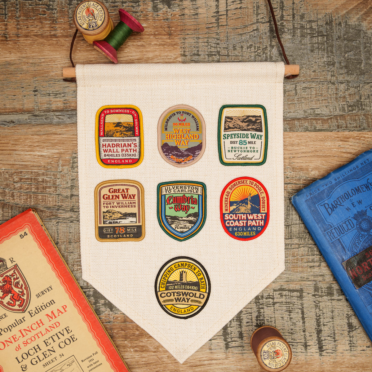 Adventure Patch Company flag pennant hanging display - promotional pennant for outdoor brands
