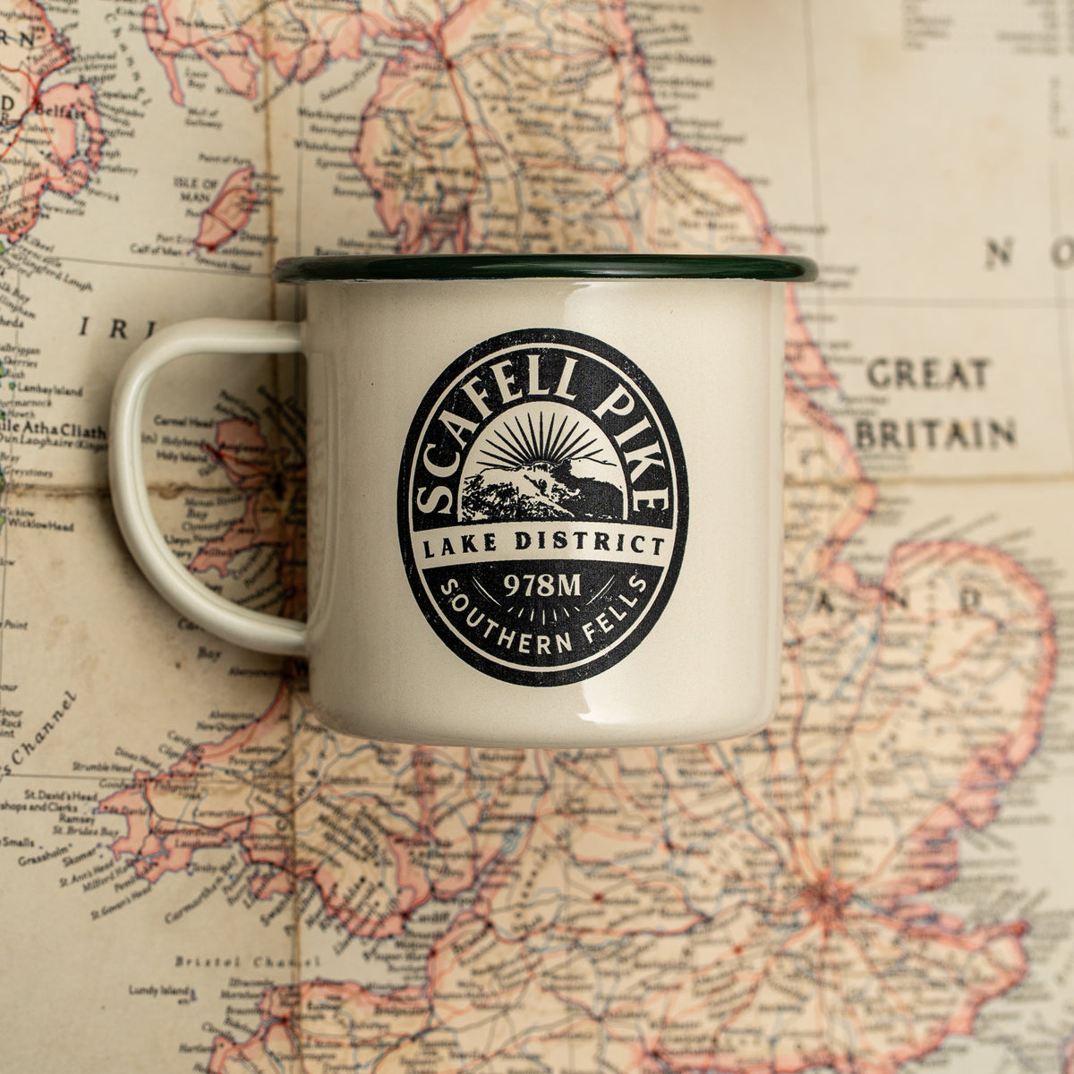 Scafell Pike camp mug close-up detail - hard enamel camping mug retro design