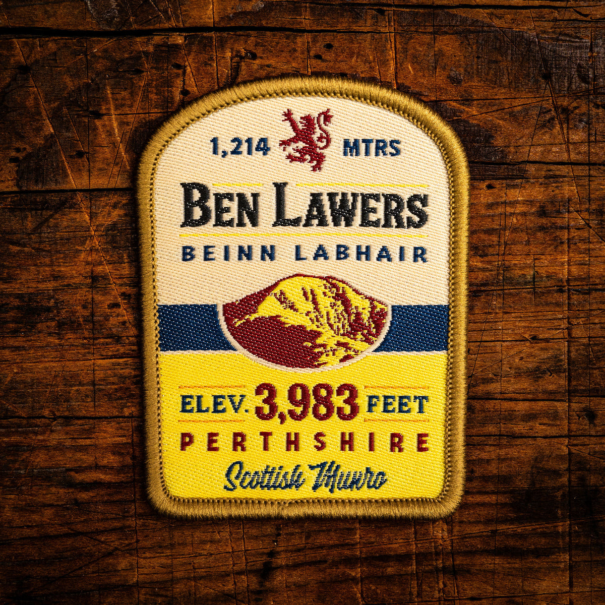 Ben Lawers retro woven patch – highest Munro in Breadalbane, Scotland, whisky label design, iron-on
