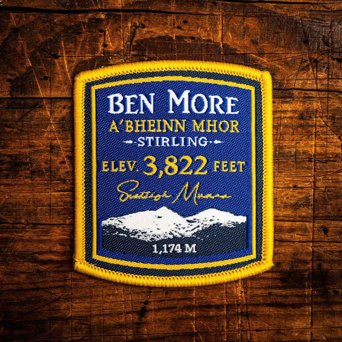 Ben More retro woven patch – Munro on Isle of Mull, Scotland, whisky label design, iron-on backing