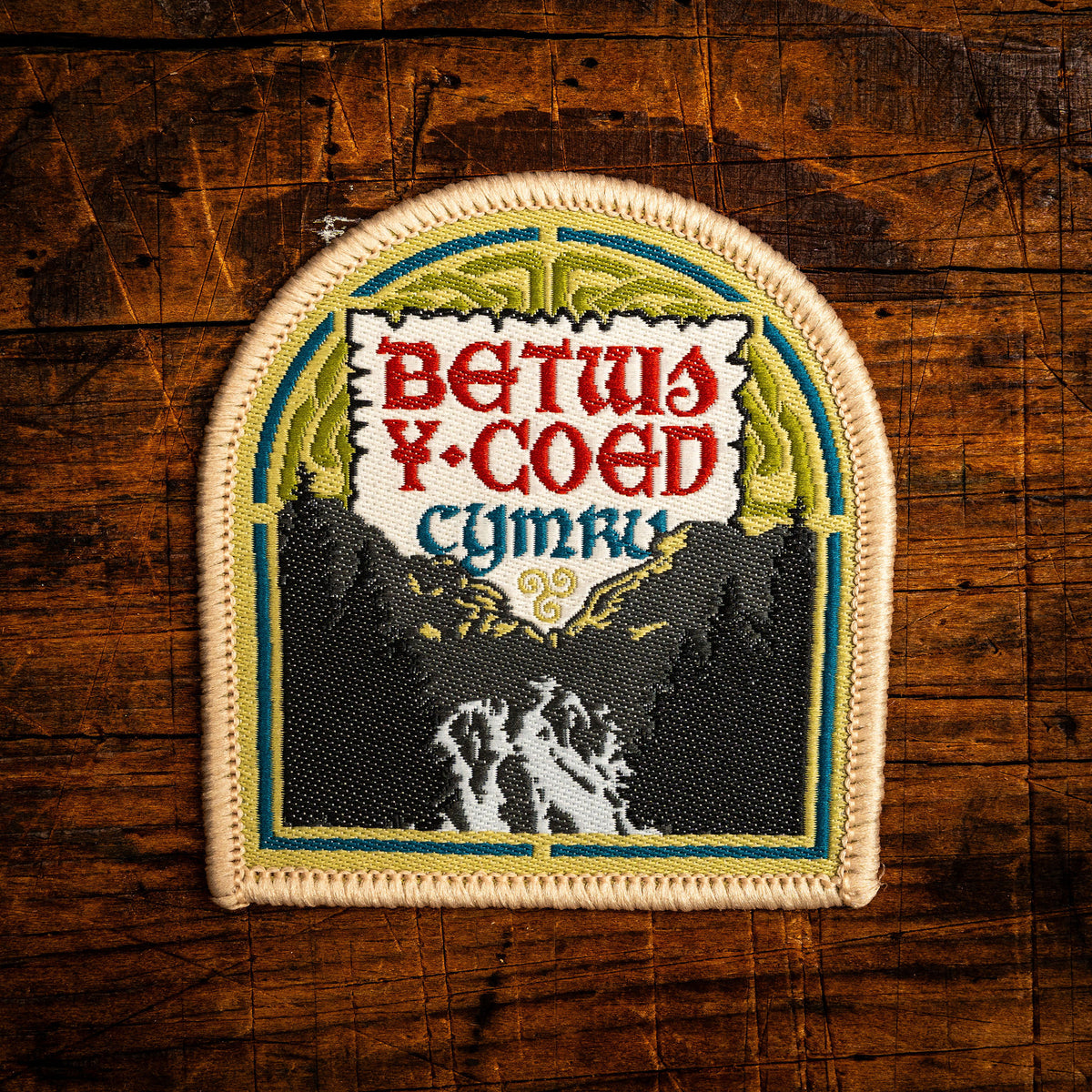 Betws-y-Coed Celtic design woven patch – picturesque village in Snowdonia, Wales, iron-on backing