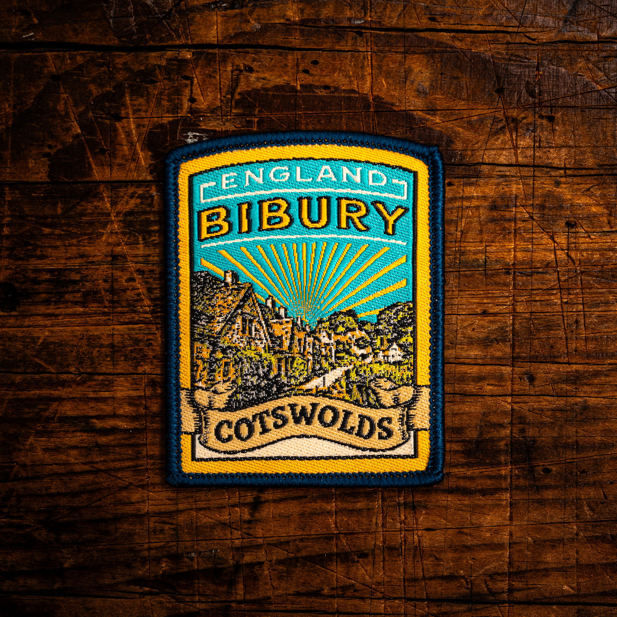 Bibury retro woven patch - beautiful Cotswolds village in Gloucestershire, Arlington Row, iron-on