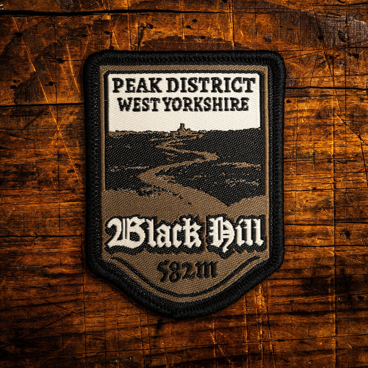 Black Hill retro woven patch – highest point in West Yorkshire, Peak District, pub sign design, iron-on