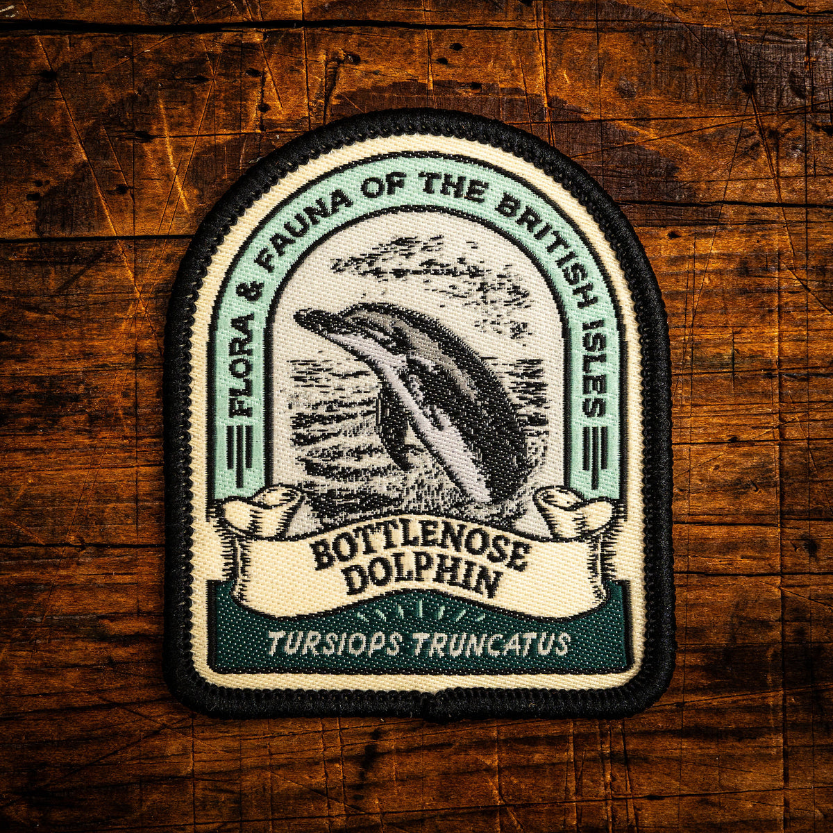Bottlenose Dolphin retro woven patch - intelligent British coastal mammal, wildlife patch, iron-on