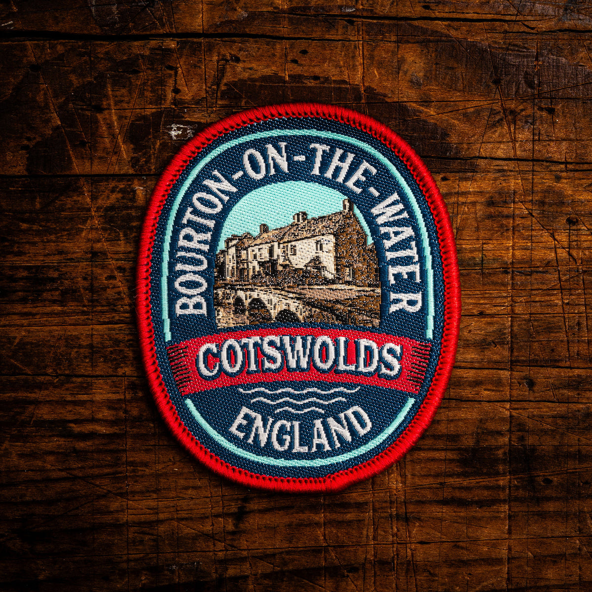 Bourton-on-the-Water retro woven patch - beautiful Cotswolds village on the River Windrush, iron-on