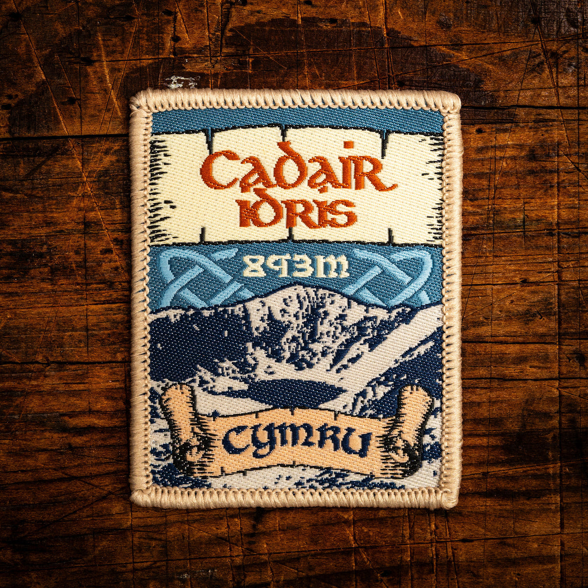Cadair Idris Celtic design woven patch – famous Welsh Three Peaks mountain in south Snowdonia, iron-on
