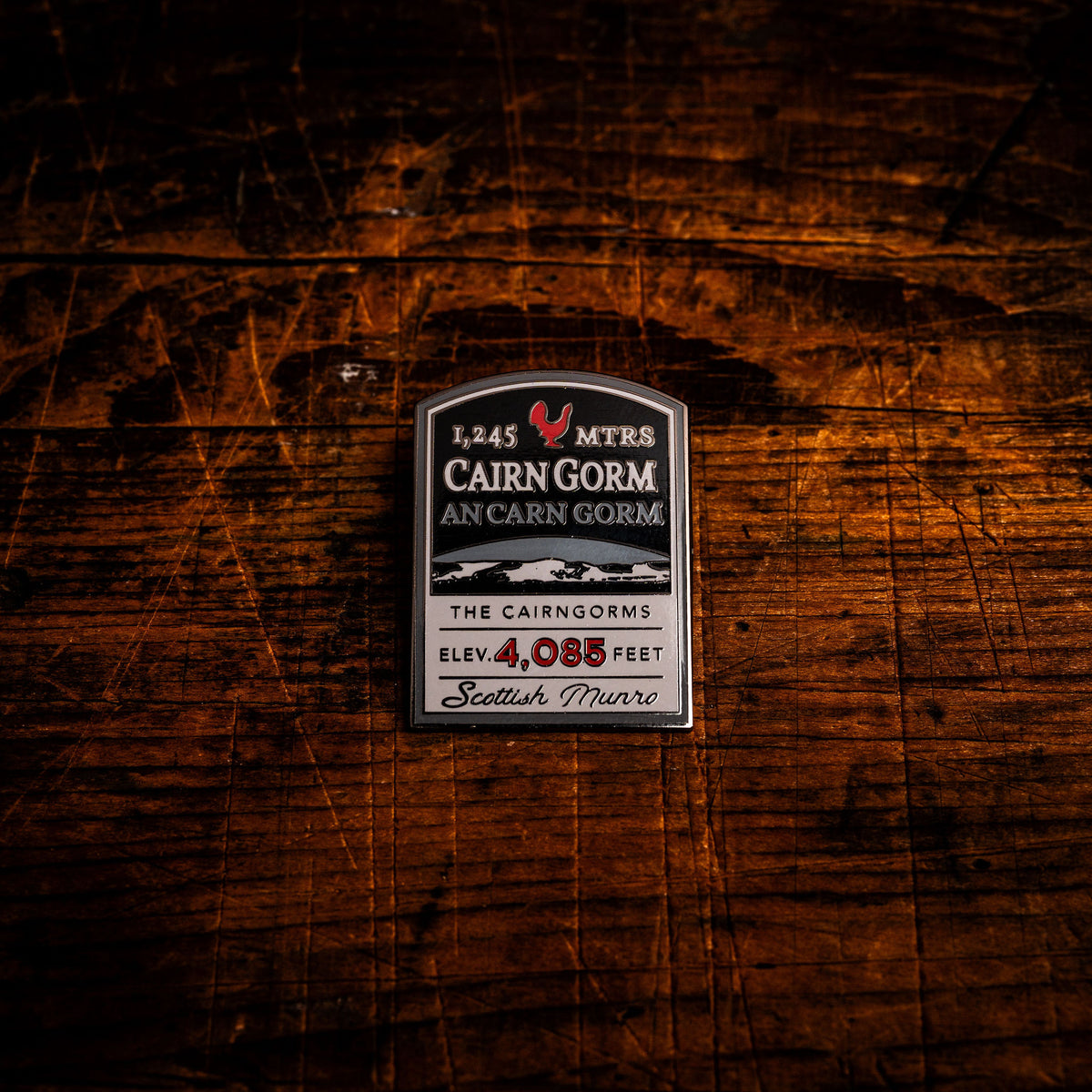 Cairn Gorm hard enamel pin - iconic Cairngorms Munro, whisky label design, butterfly clasp