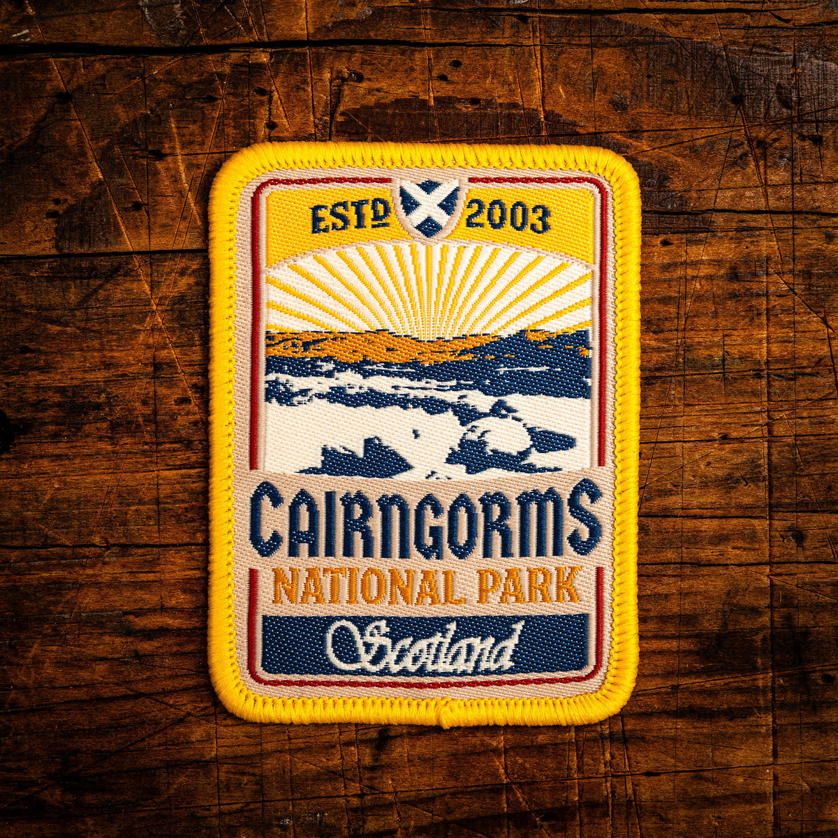 Cairngorms National Park retro woven patch – Scottish national park, whisky label design, iron-on backing