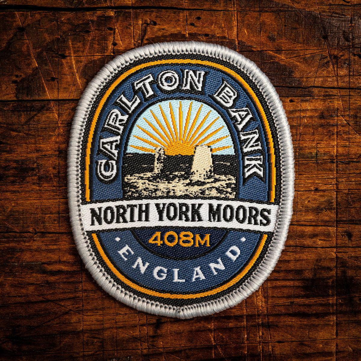 Carlton Bank retro woven patch - popular North York Moors hill and gliding site, iron-on backing