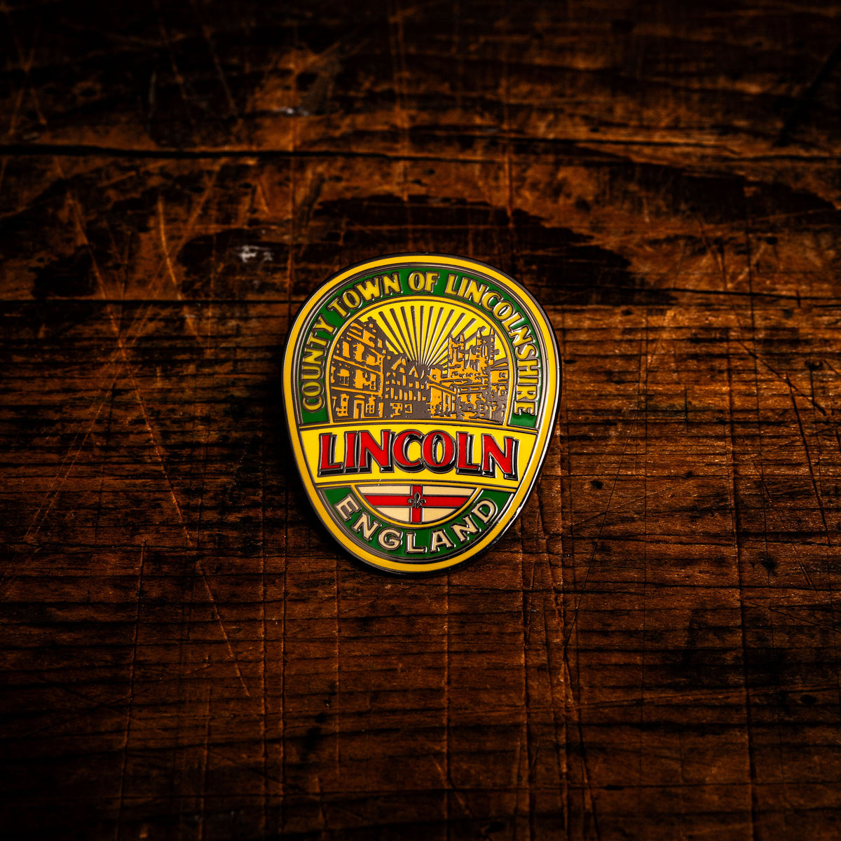 City of Lincoln hard enamel pin - historic cathedral city in Lincolnshire, pub sign design, butterfly clasp
