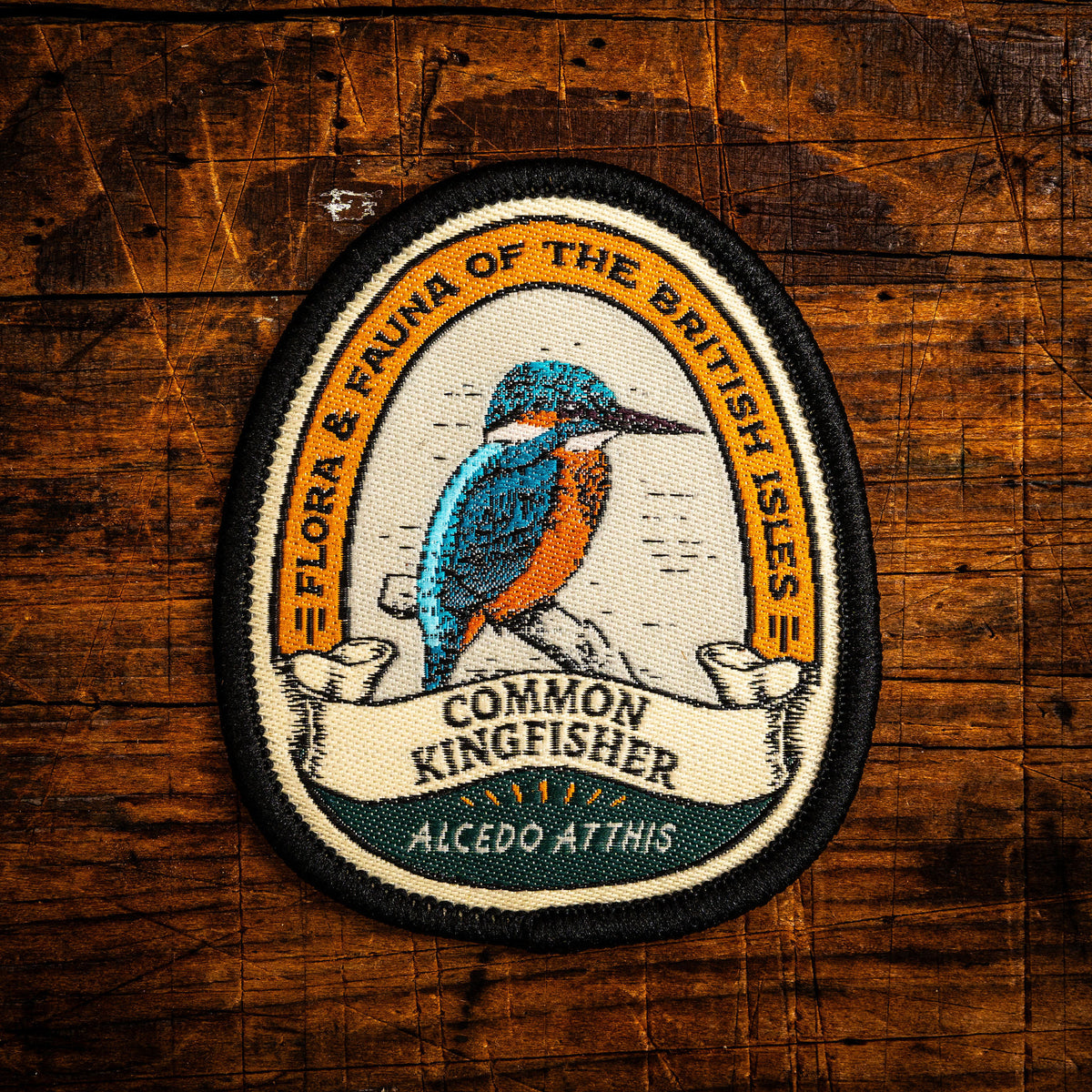 Common Kingfisher retro woven patch - vibrant British river bird, wildlife patch, iron-on backing