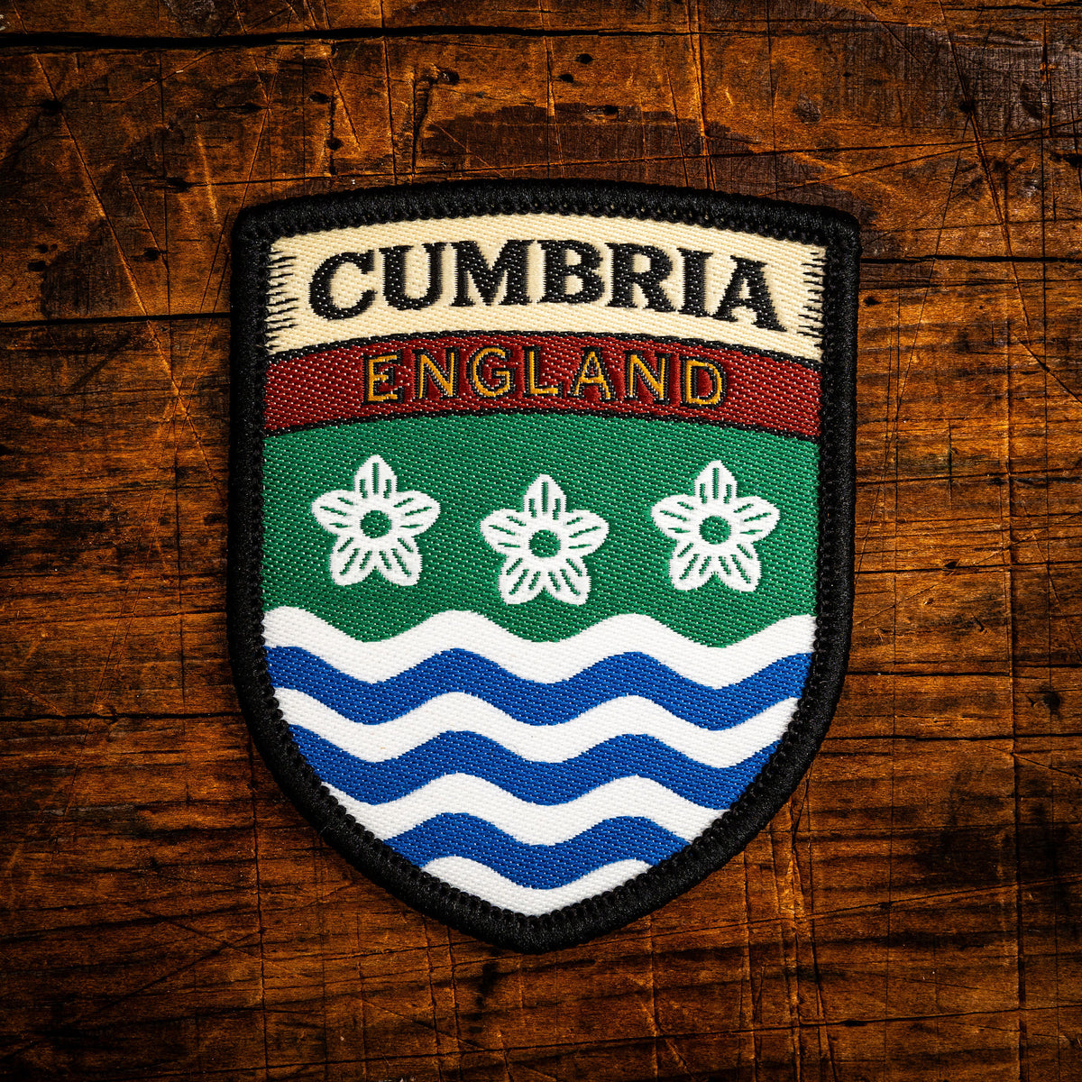 Cumbria county flag retro woven patch - historic county flag of Cumbria, England, iron-on backing