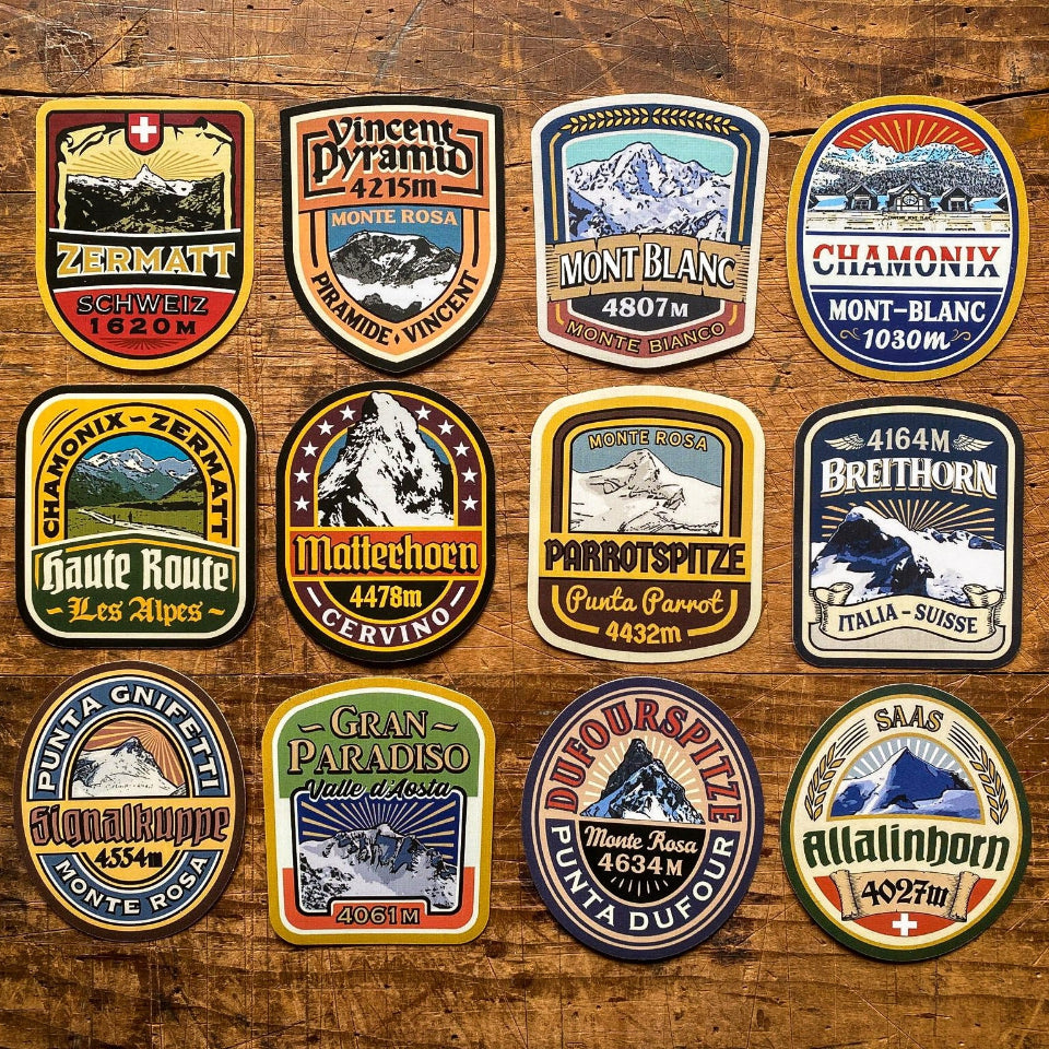 Alps stickers collection including Dufourspitze – waterproof vinyl stickers for Alpine mountaineers