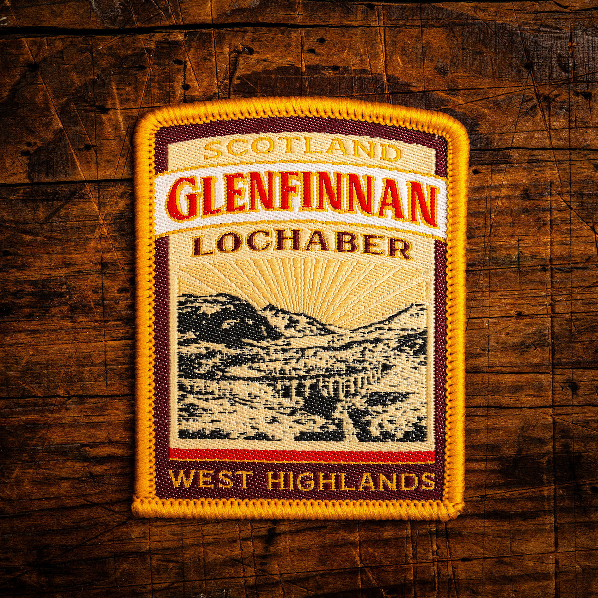 Glenfinnan retro woven patch - beautiful West Highlands glen, home of the famous viaduct, Scotland, iron-on
