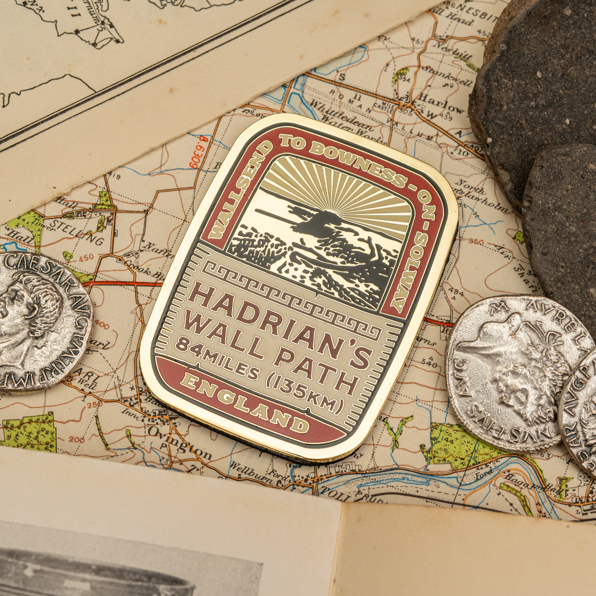 Hadrian's Wall Path fridge magnet close-up - hard enamel magnetic keepsake for trail walkers