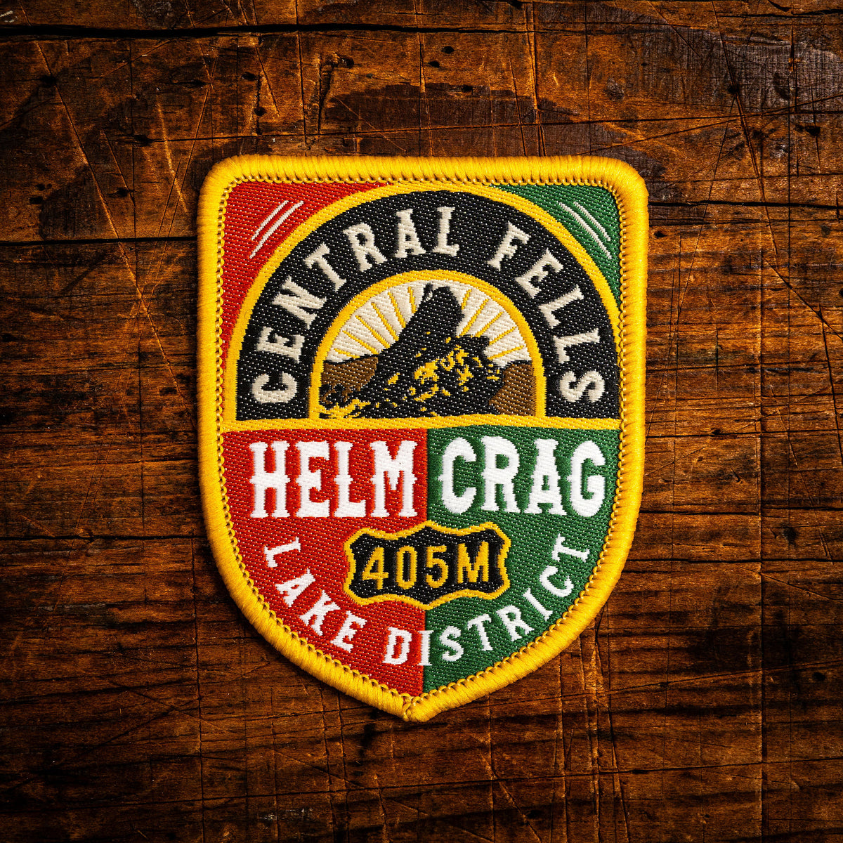 Helm Crag retro woven patch – Central Fells Wainwright, Lake District, iron-on backing, recycled yarn