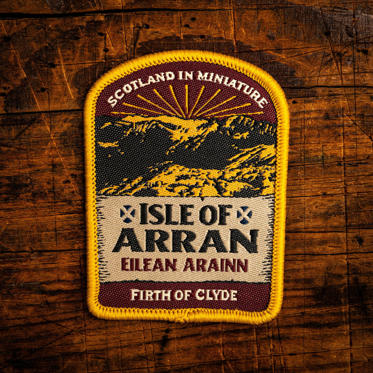 Isle of Arran retro woven patch – Scotland in Miniature, Scottish island, whisky label design, iron-on