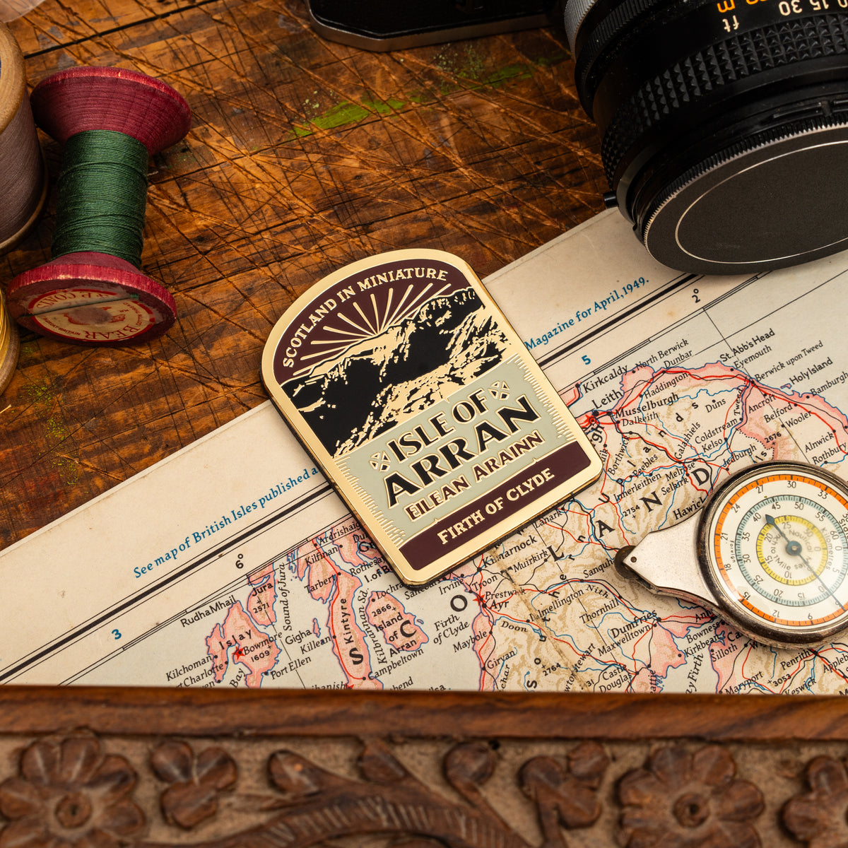 Isle of Arran fridge magnet close-up - hard enamel magnetic keepsake for island visitors