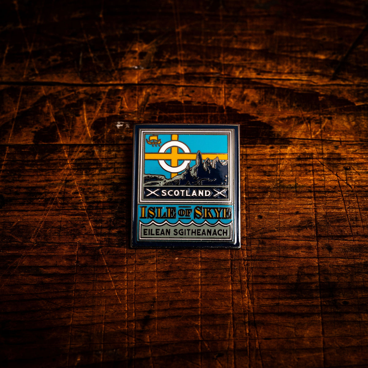 Isle of Skye hard enamel pin - enchanting Scottish island, whisky label design, butterfly clasp