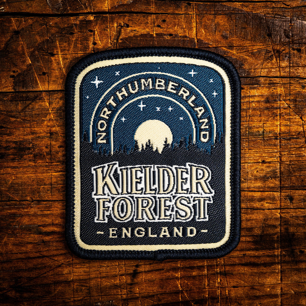 Kielder Forest retro woven patch - largest planted forest in England, Northumberland, iron-on backing