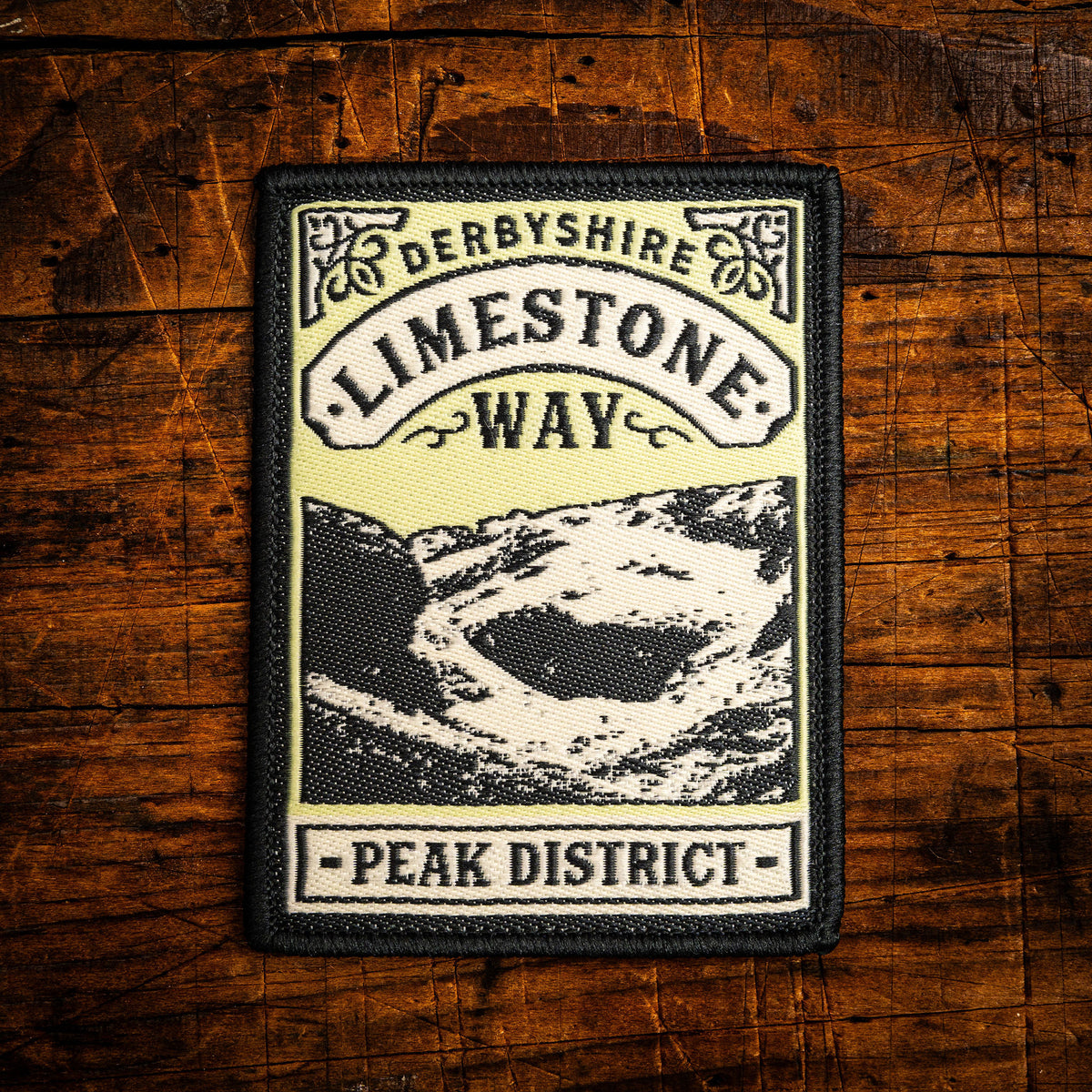 Limestone Way retro woven patch – Peak District White Peak trail, pub sign design, iron-on backing