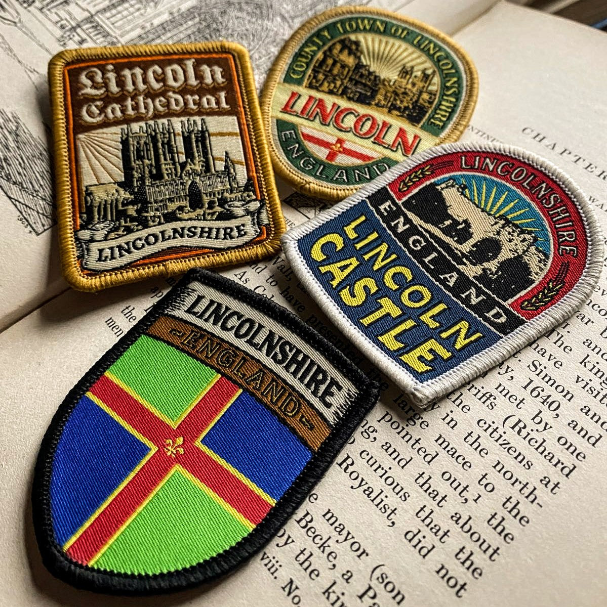 Lincolnshire patches collection including Lincoln Castle - retro woven patches