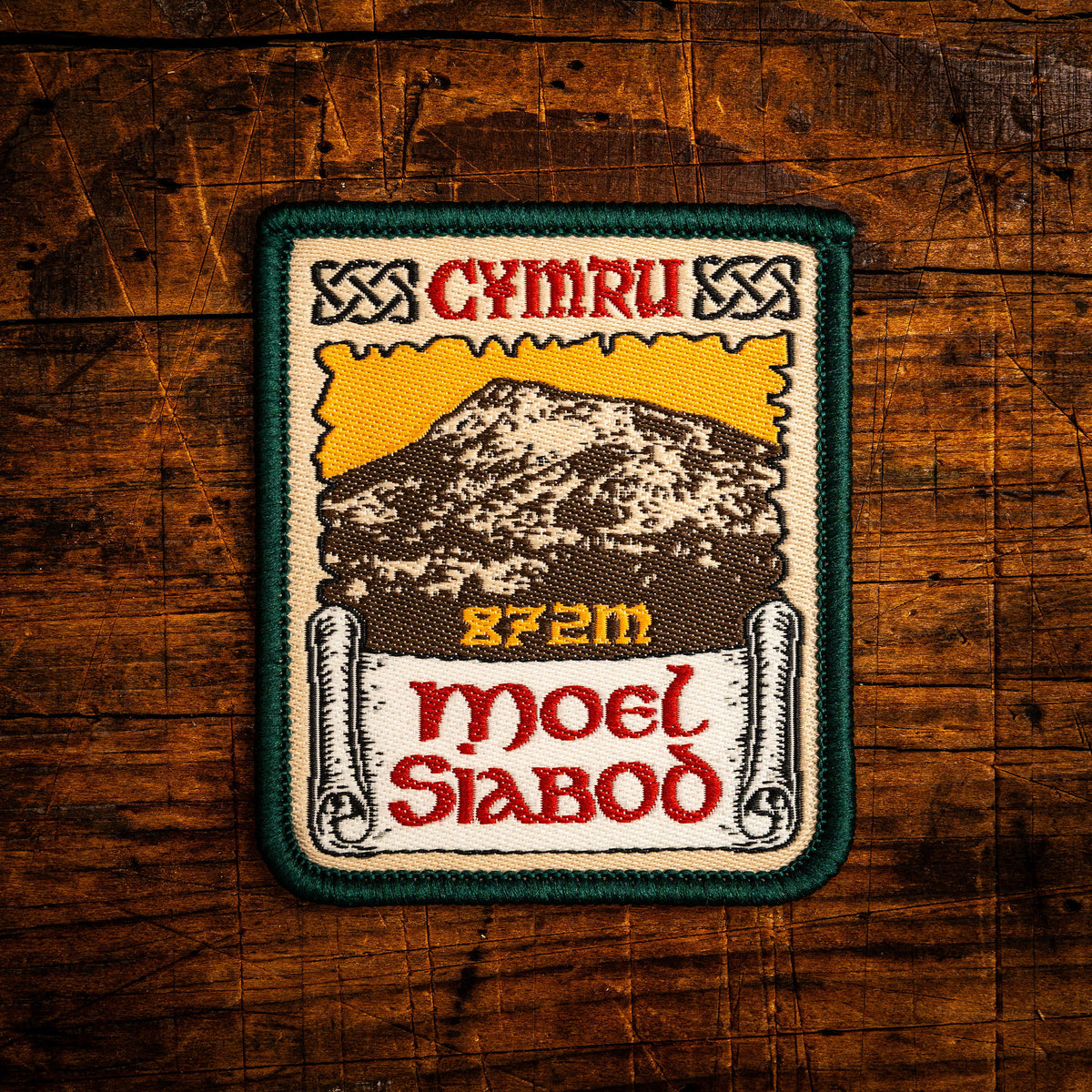 Moel Siabod Celtic design woven patch – popular Snowdonia mountain in North Wales, iron-on backing