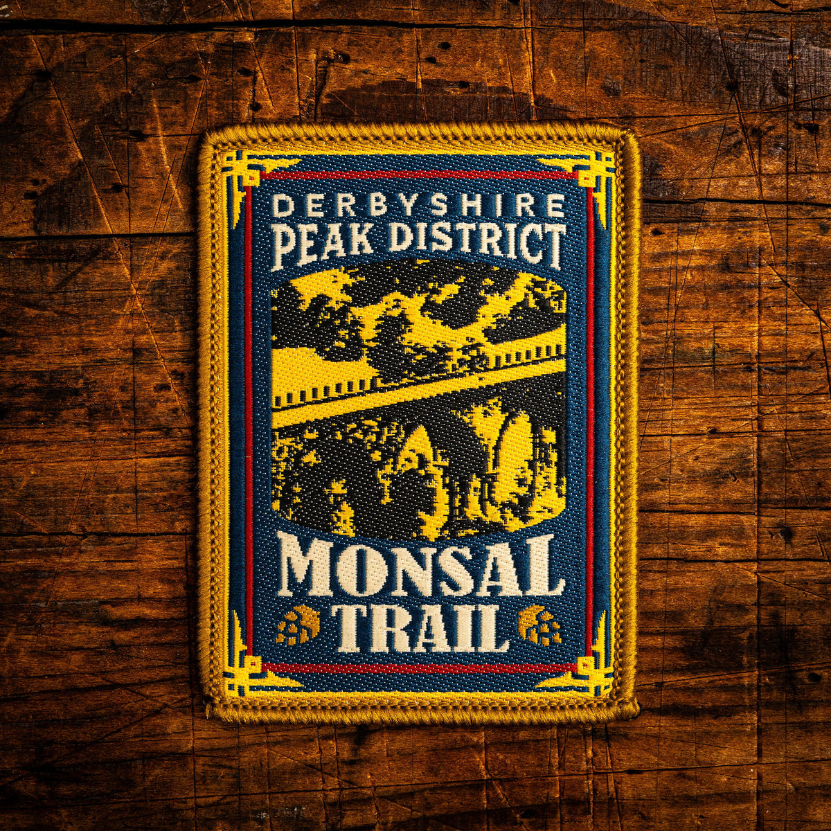 Monsal Trail retro woven patch – Peak District walking and cycling route along former railway, pub sign design