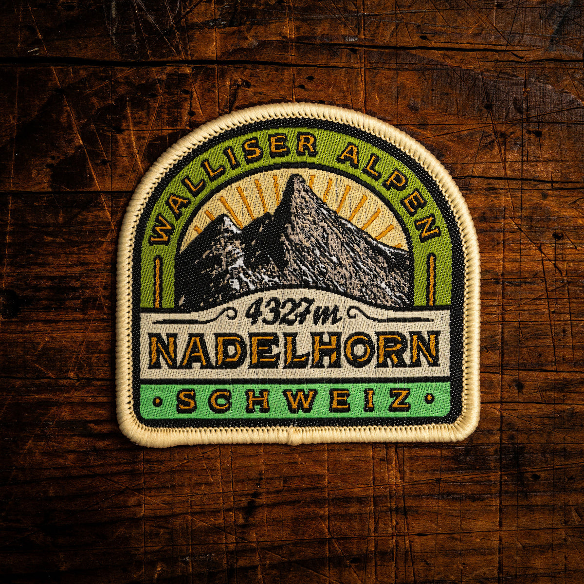 Nadelhorn retro woven patch - classic 4000m Alpine peak in the Mischabel massif, iron-on backing