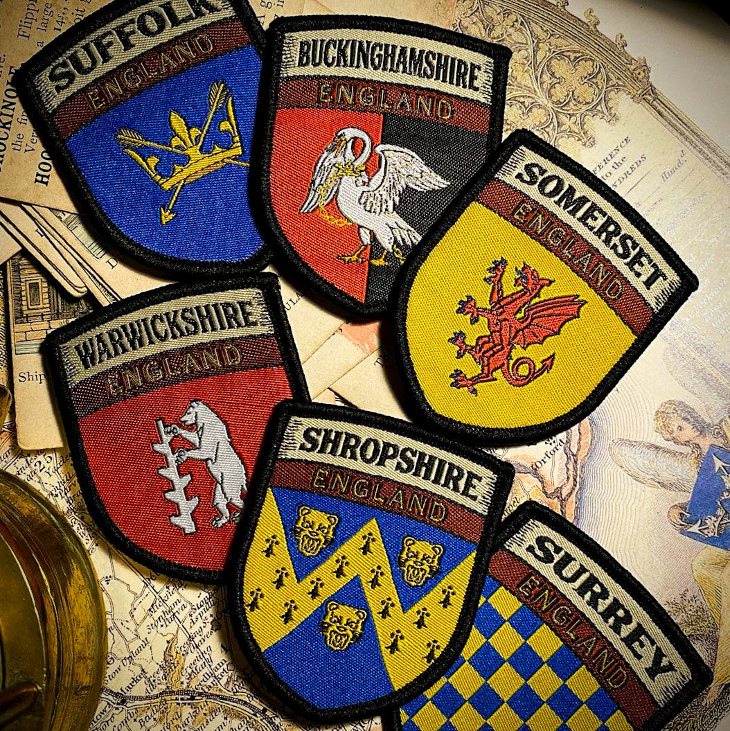 English county flag patches collection on backing card - retro woven county flag patches