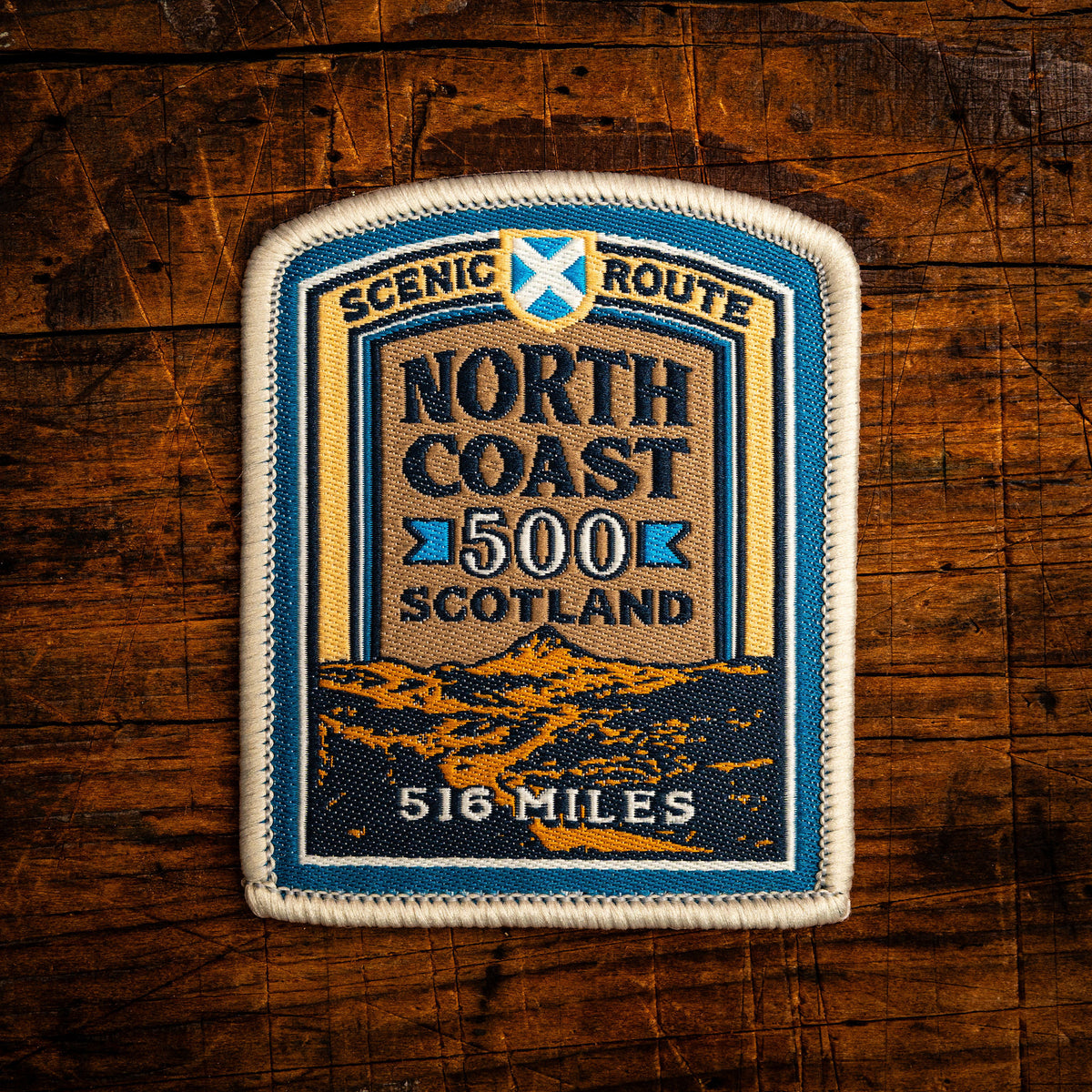 North Coast 500 retro woven patch - iconic Scottish scenic route, includes distance in miles, iron-on backing