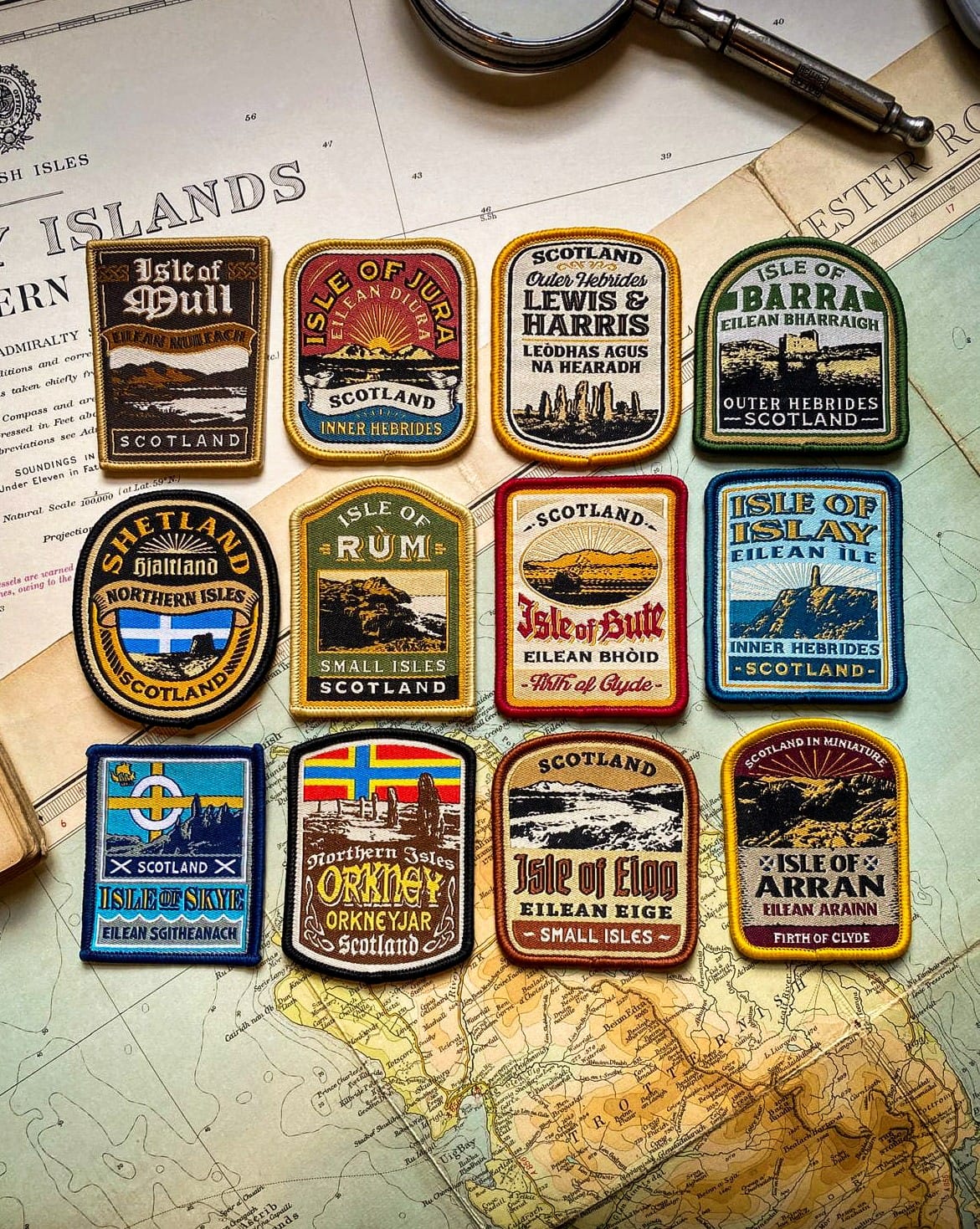 Scottish island patches on display – Isle of Arran and Isle of Mull patches in collection