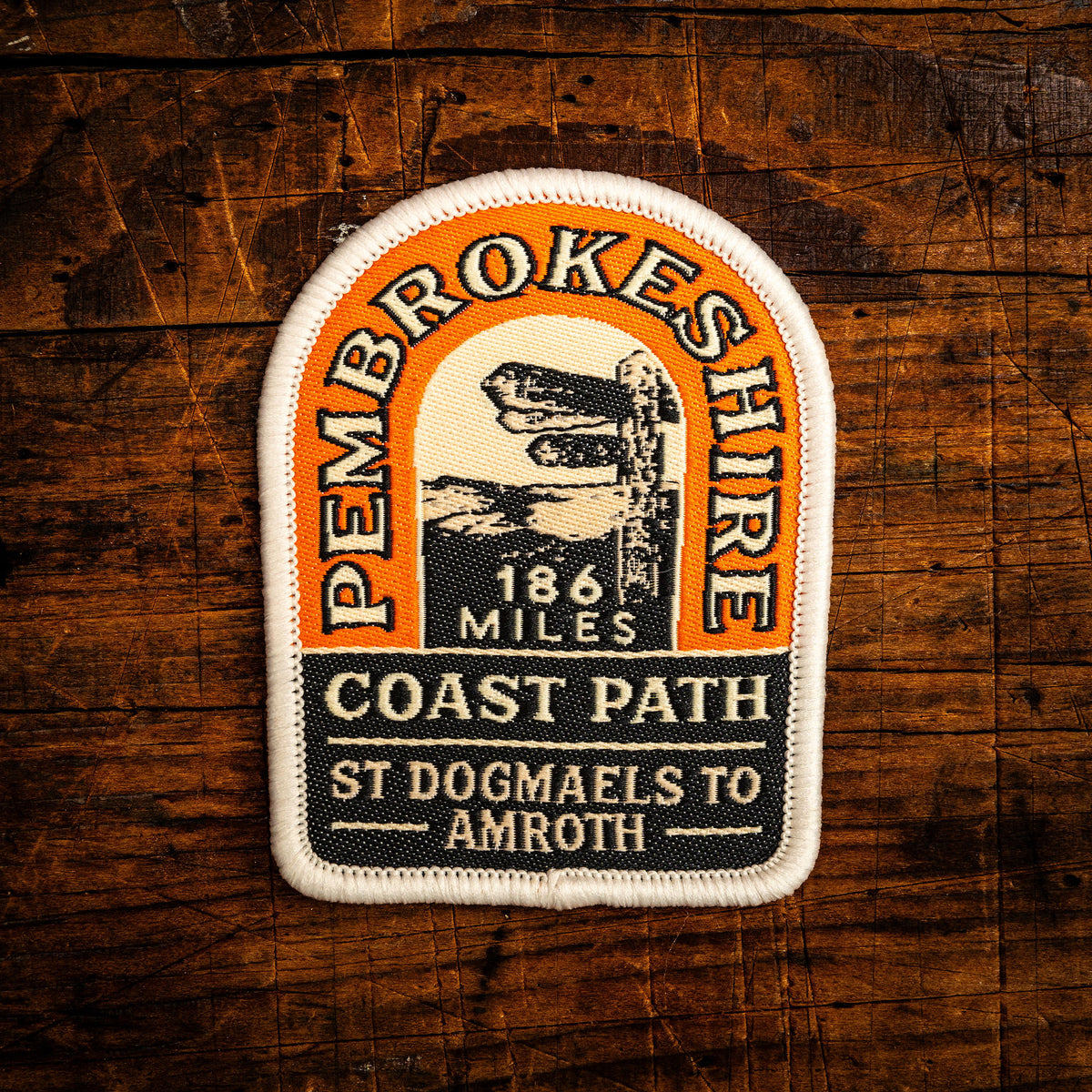 Pembrokeshire Coast Path retro woven patch – long distance trail along Welsh coastline, iron-on backing