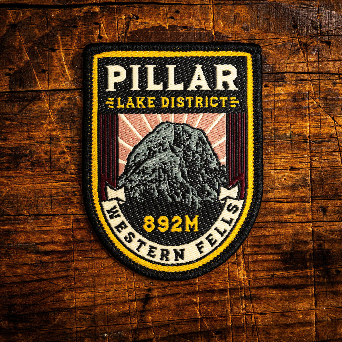 Pillar retro woven patch – Western Fells Wainwright, Lake District, iron-on backing, recycled yarn