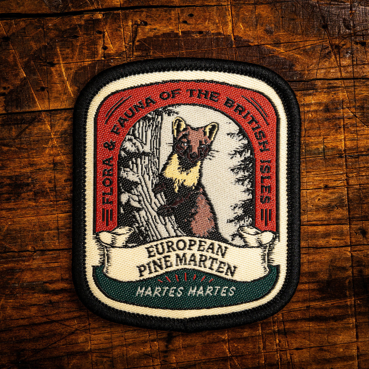 Pine Marten retro woven patch - elusive British mustelid, wildlife patch, iron-on backing, recycled yarn