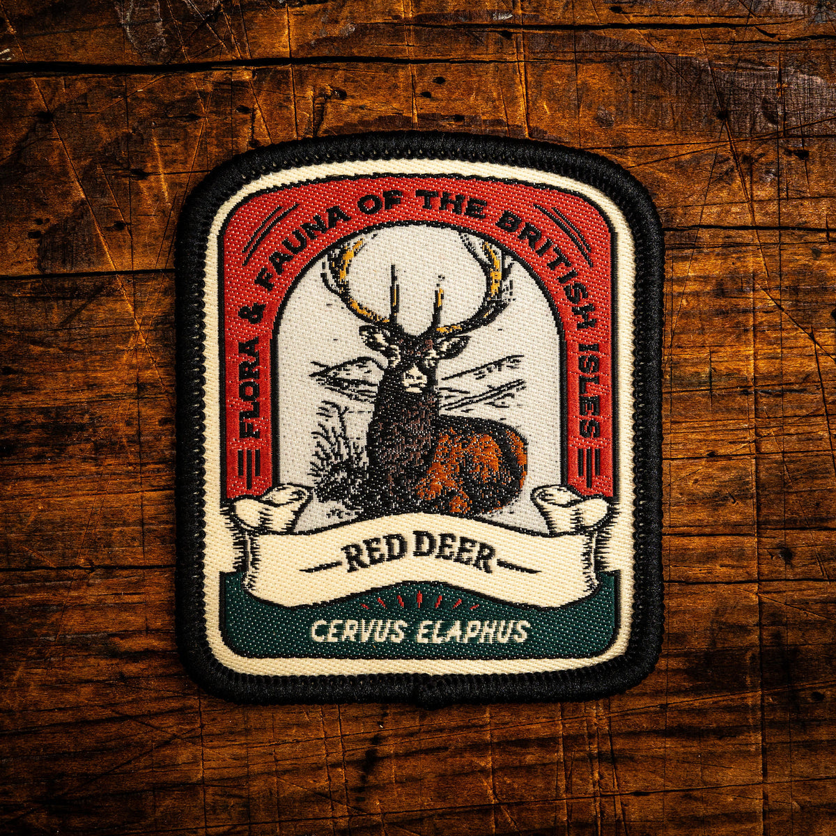 Red Deer retro woven patch - iconic British wildlife, wildlife patch, iron-on backing, recycled yarn