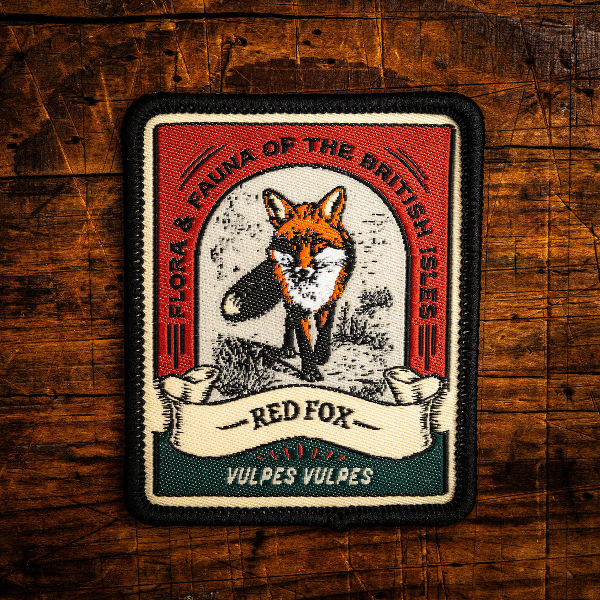 Red Fox retro woven patch - iconic British wildlife, wildlife patch, iron-on backing, recycled yarn