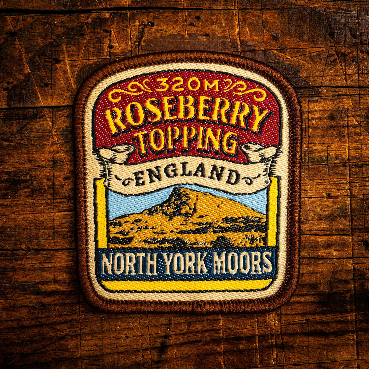 Roseberry Topping retro woven patch - distinctive North York Moors peak near Great Ayton, iron-on