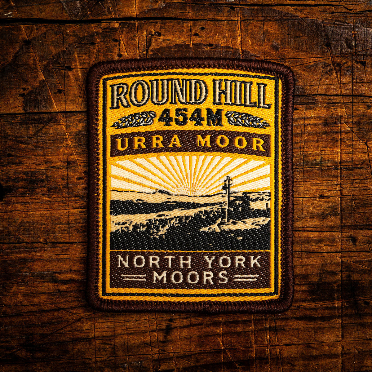Round Hill retro woven patch - highest point in the North York Moors, iron-on backing, recycled yarn