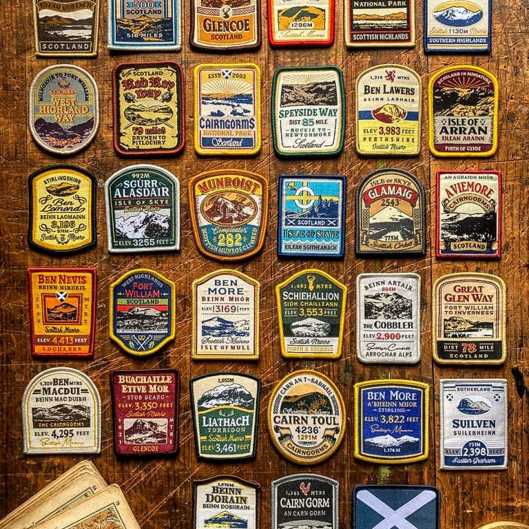 Full set of 33 Scotland patches including North Coast 500 - retro woven hiking patch collection