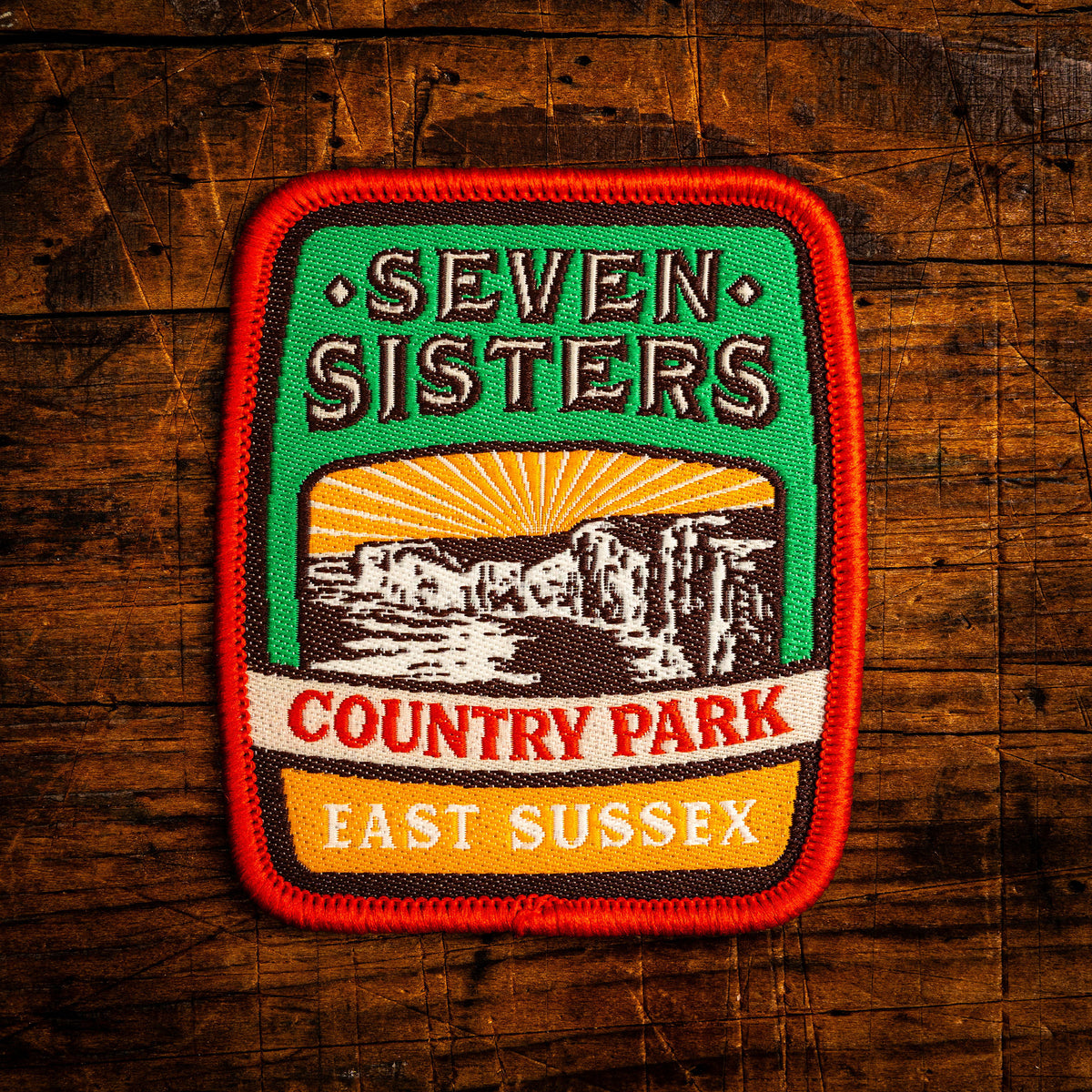 Seven Sisters Country Park retro woven patch – popular South Downs beauty spot, iron-on backing
