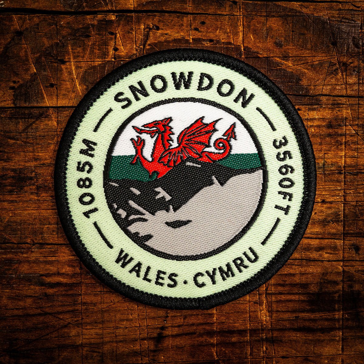 Snowdon retro woven patch – highest mountain in Wales, UK Three Peaks, iron-on backing, recycled yarn