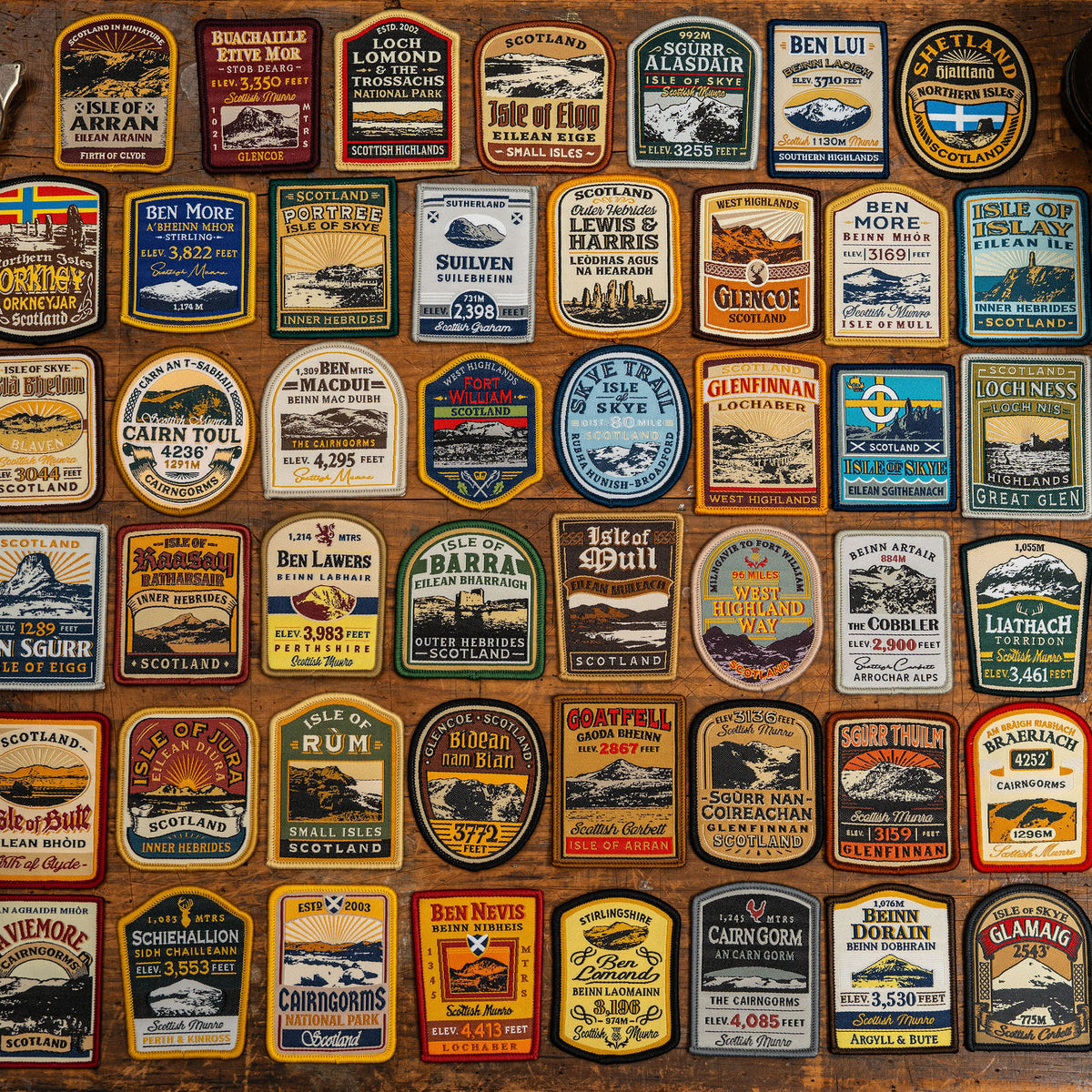 Adventure Patch Company Scottish Mountain patches styled on outdoor gear – whisky label design