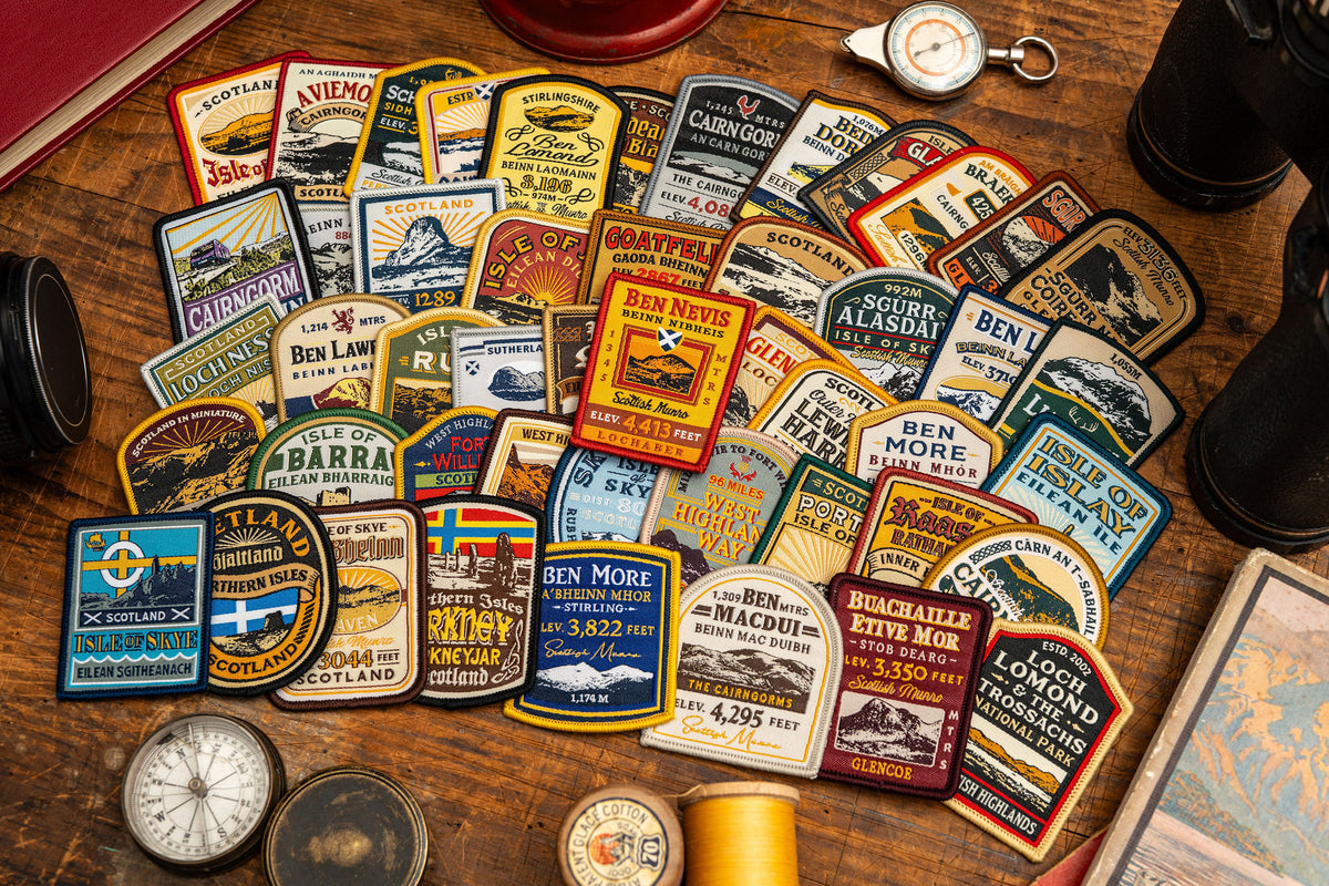 Adventure Patch Company Scottish Mountain patches collection shot – woven hiking patches for Munro baggers