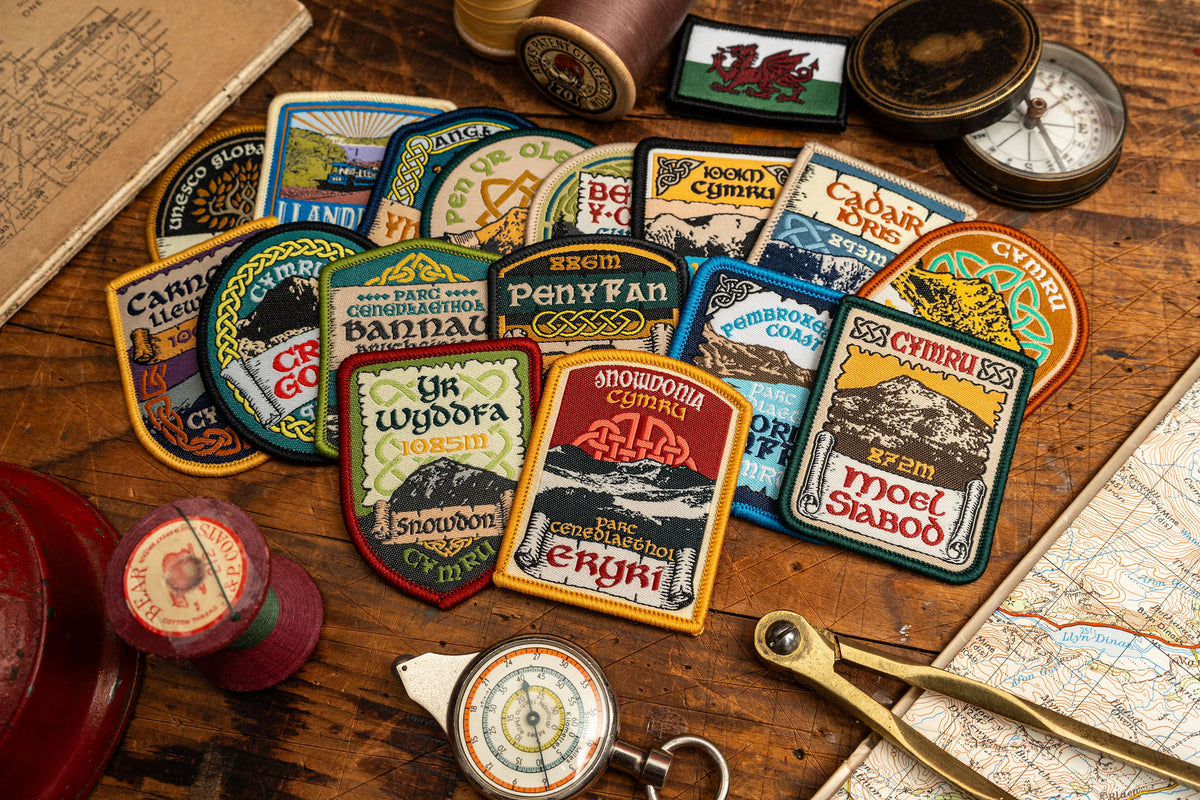 Welsh Mountain patches hero shot – Pen Y Fan patch included in Celtic design woven patch collection