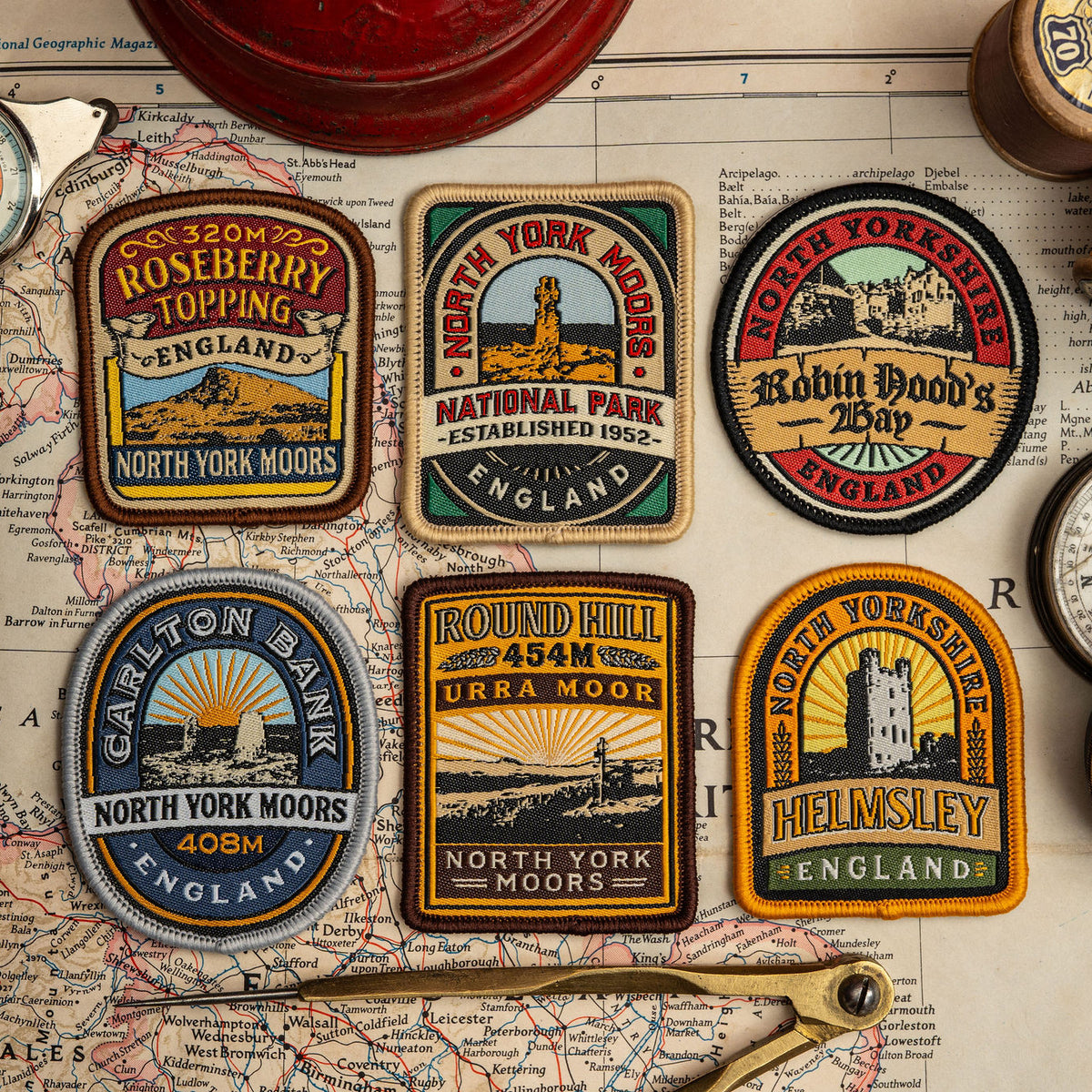 North York Moors patches hero shot - retro woven patches on outdoor gear