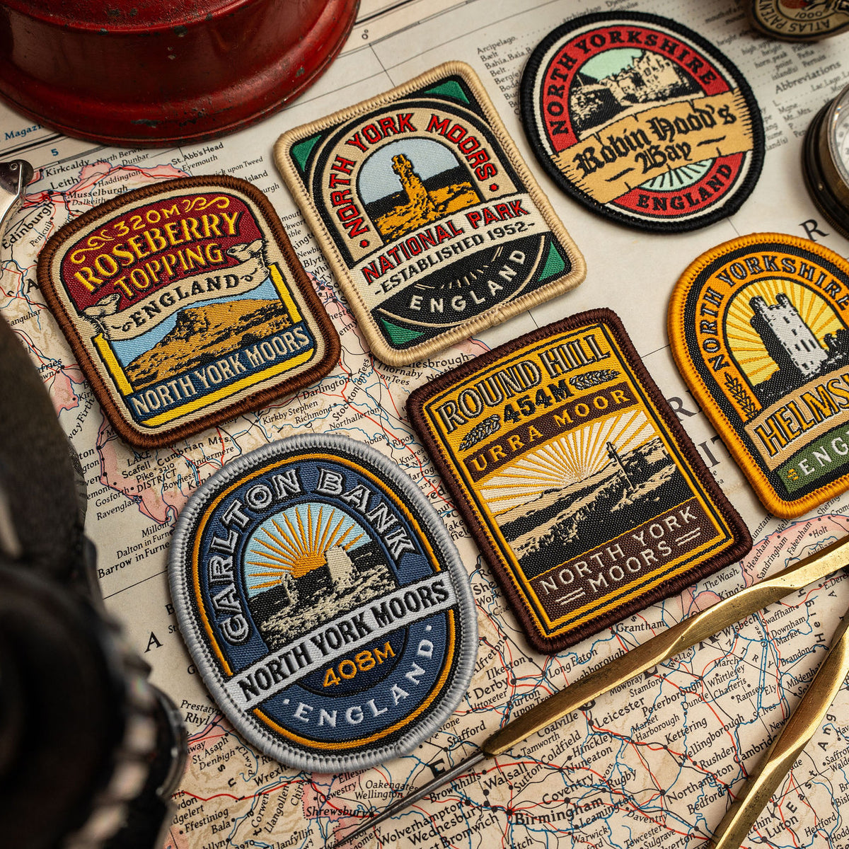 North York Moors patches styled on outdoor gear - retro woven hiking patches collection