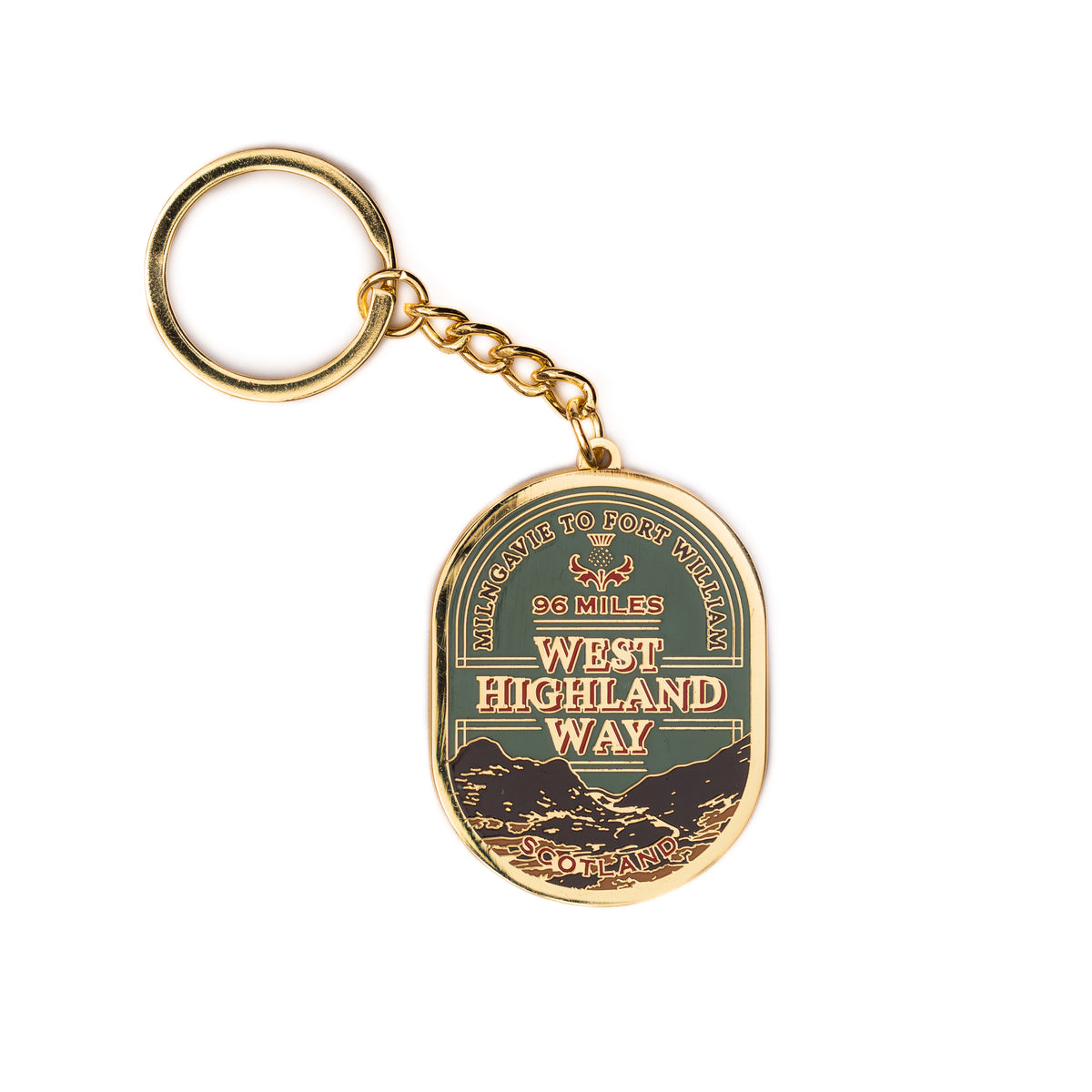 West Highland Way hard enamel keyring - iconic Scottish trail, whisky label design
