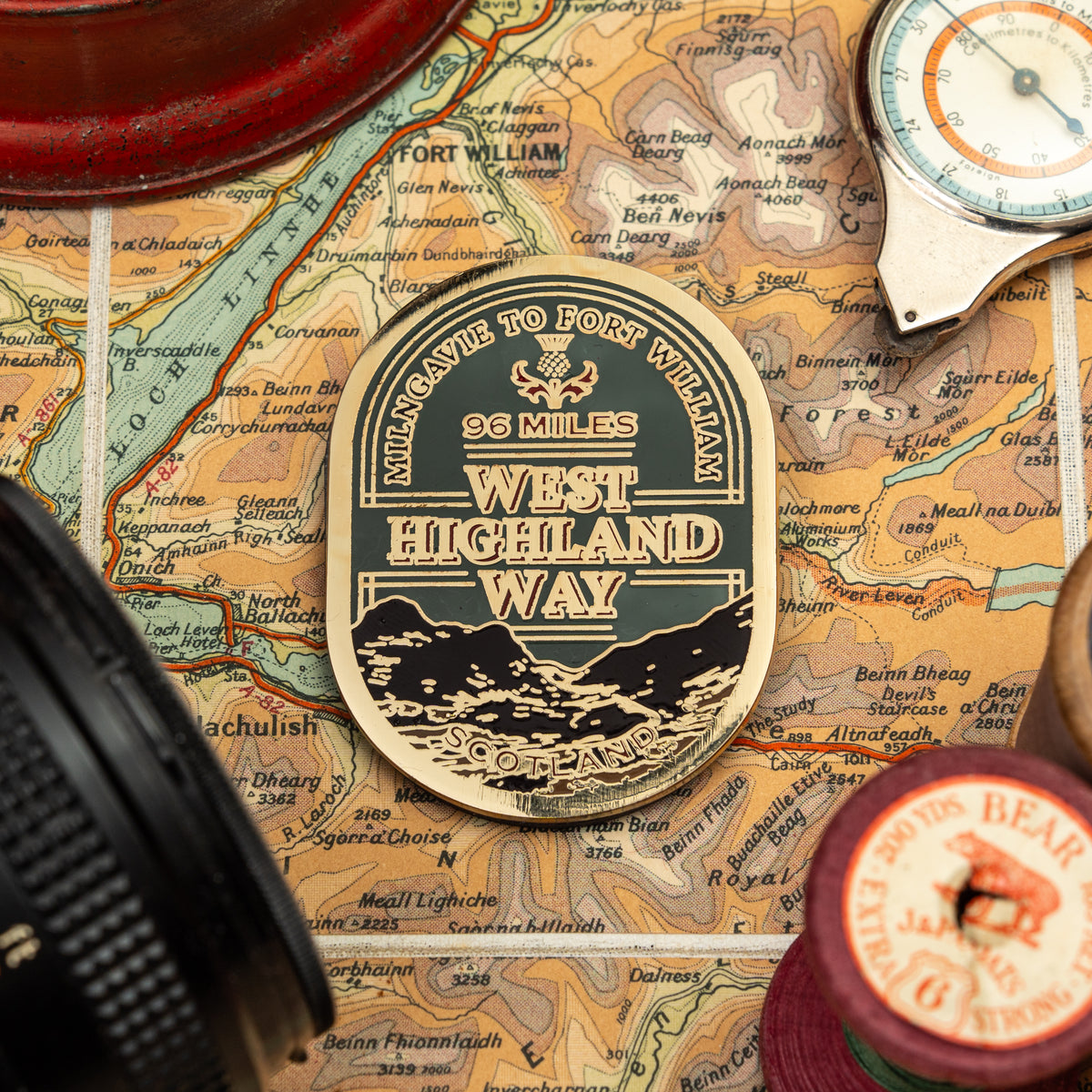 West Highland Way hard enamel fridge magnet – iconic Scottish trail, whisky label design, 6cm x 4.5cm